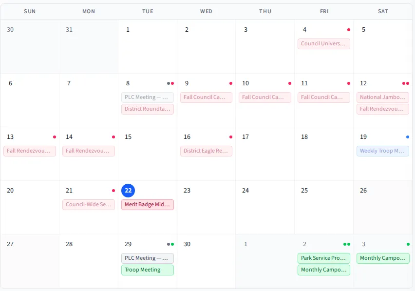 A month view of the unit calendar for September, showing troop meetings, PLC meetings, a service project and campouts, with council and district events colour-coded from separate subscribed calendars.